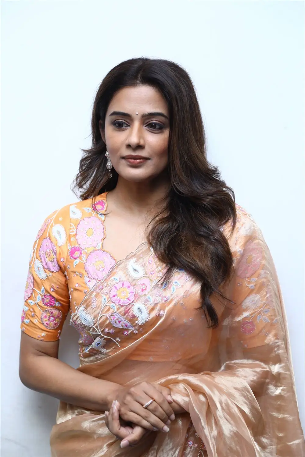 Tamil Girl Priyamani Long Hair Orange Saree